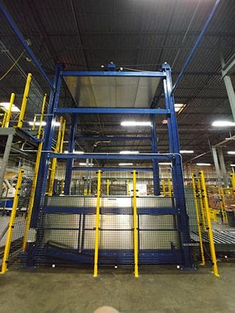 Electro-Mechanical Freightlift Transports Pallets to Conveyor Line