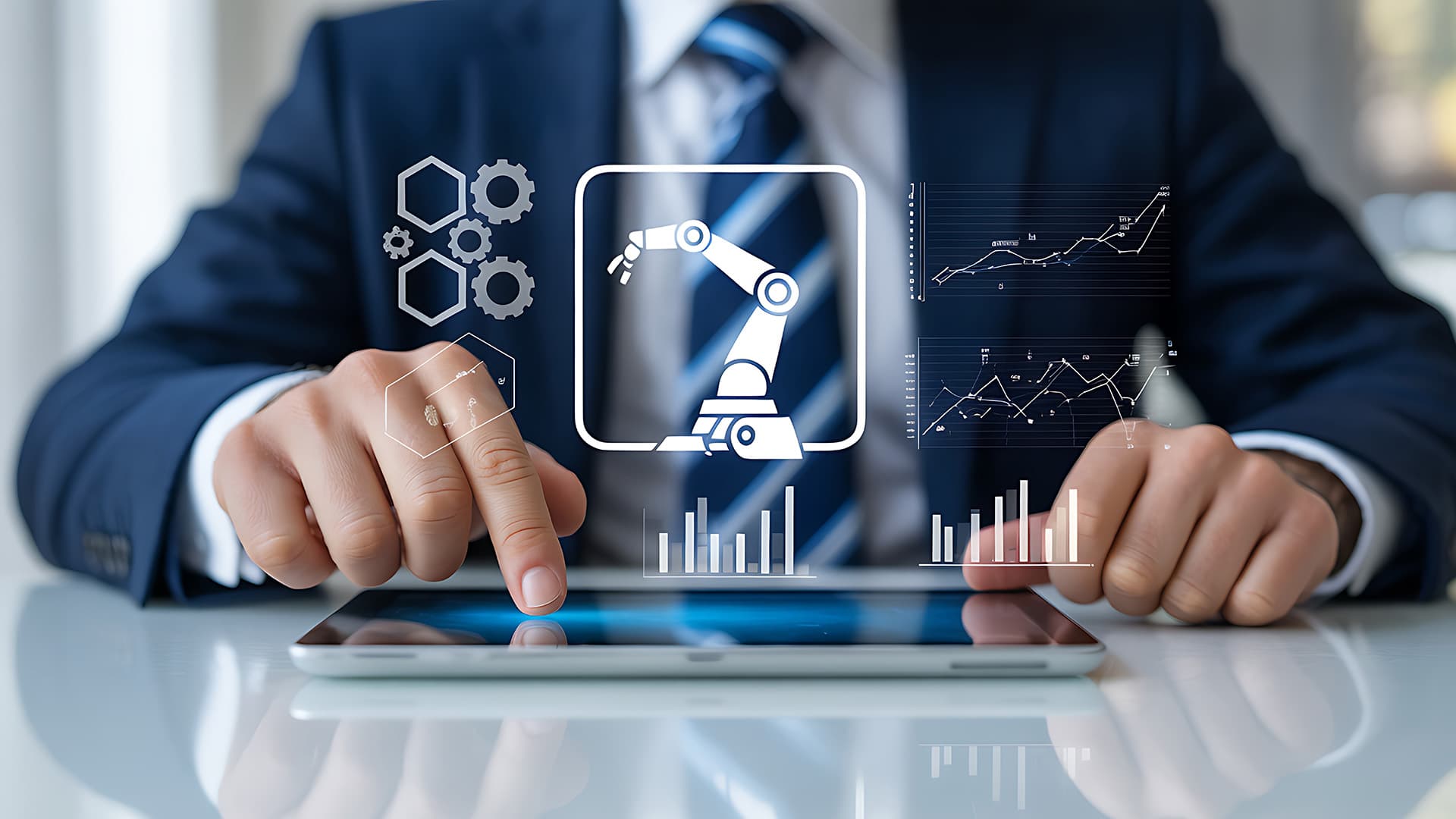 Businessman in a suit interacting with a tablet displaying automation icons, a robotic arm graphic, and productivity growth charts, representing warehouse automation ROI planning.