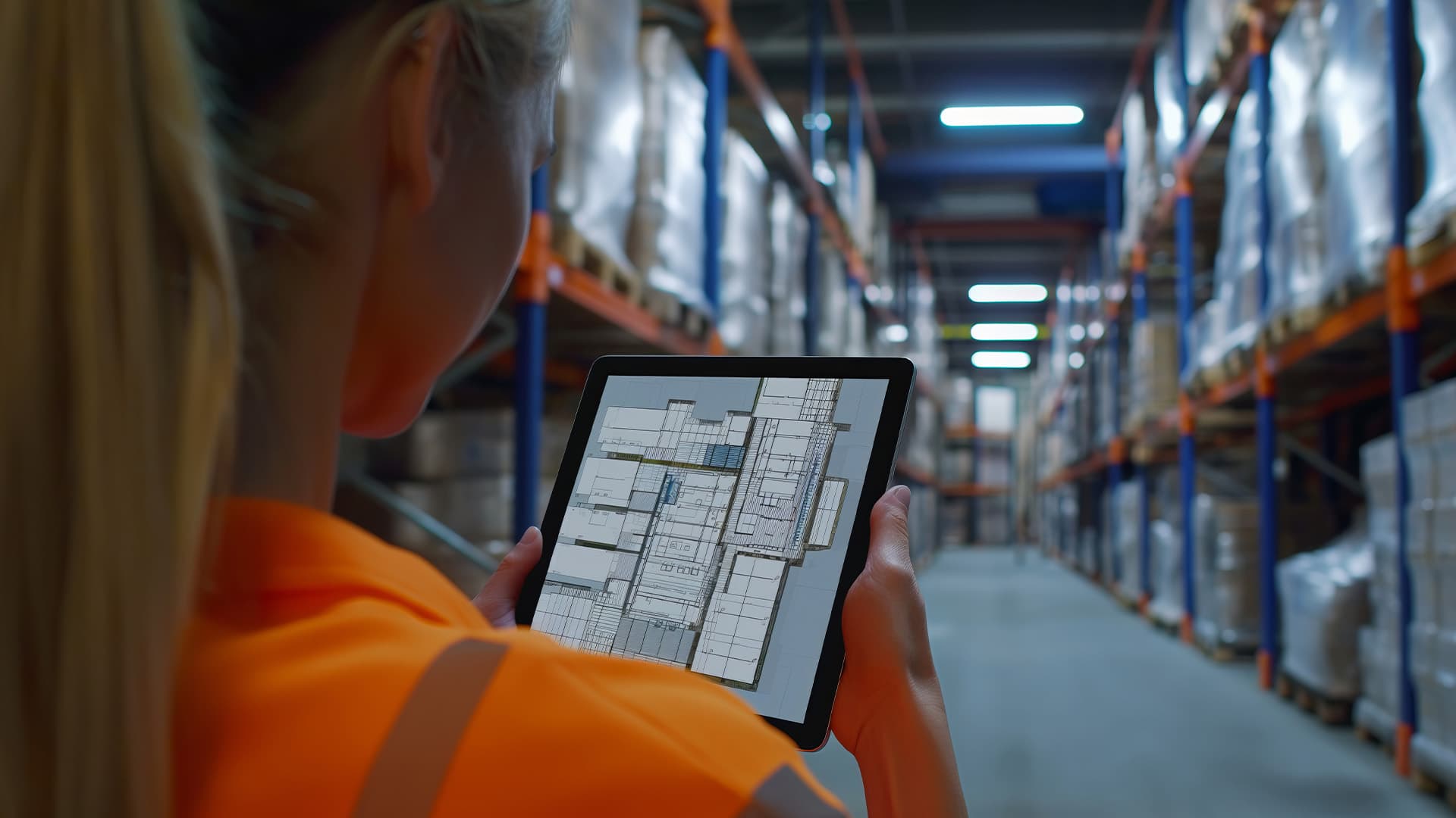 Warehouse worker in an orange safety shirt reviewing a facility layout design on a tablet in a warehouse aisle lined with palletized inventory.