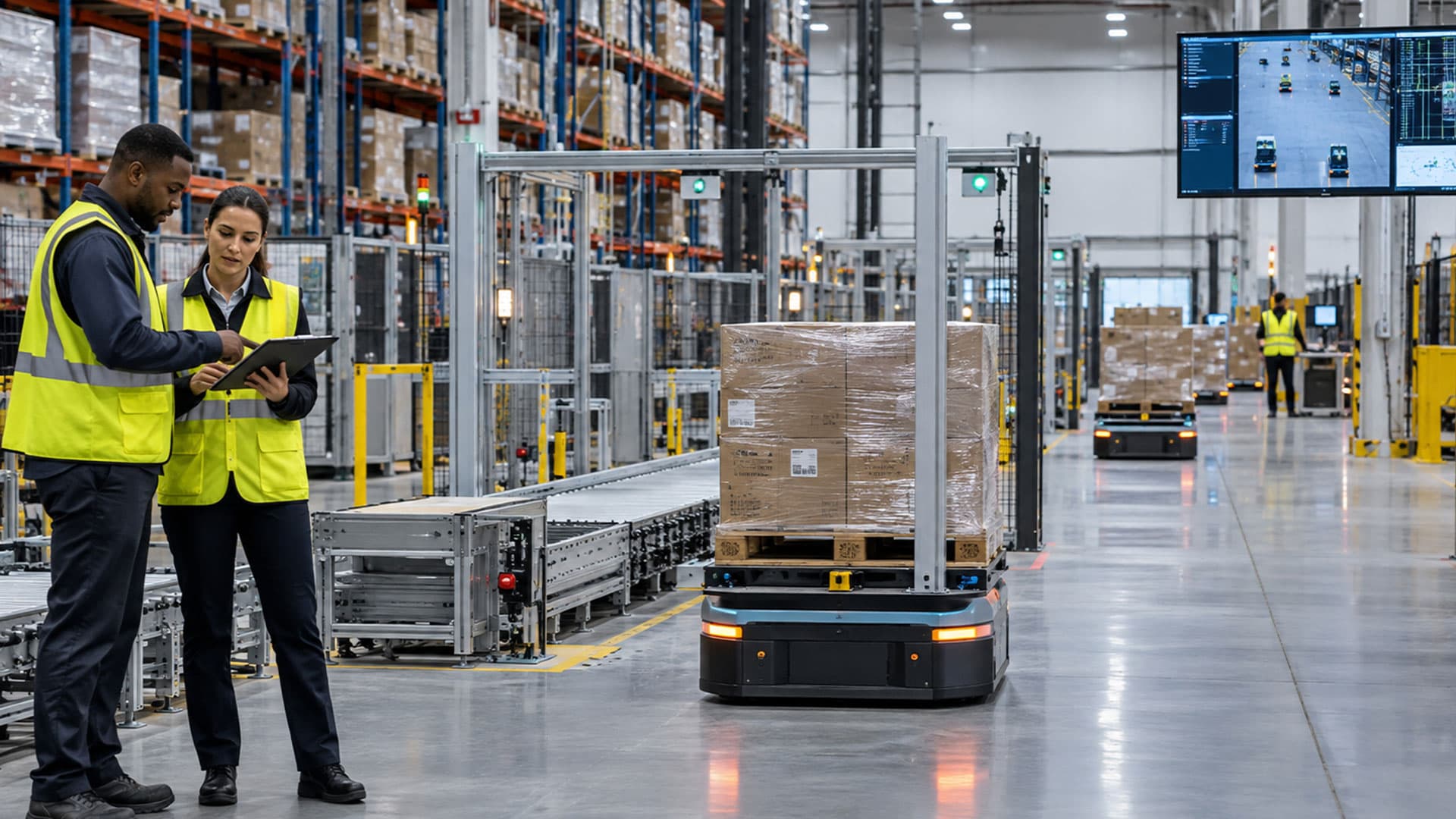 Two warehouse workers in safety vests reviewing a tablet near an autonomous mobile robot carrying palletized boxes.