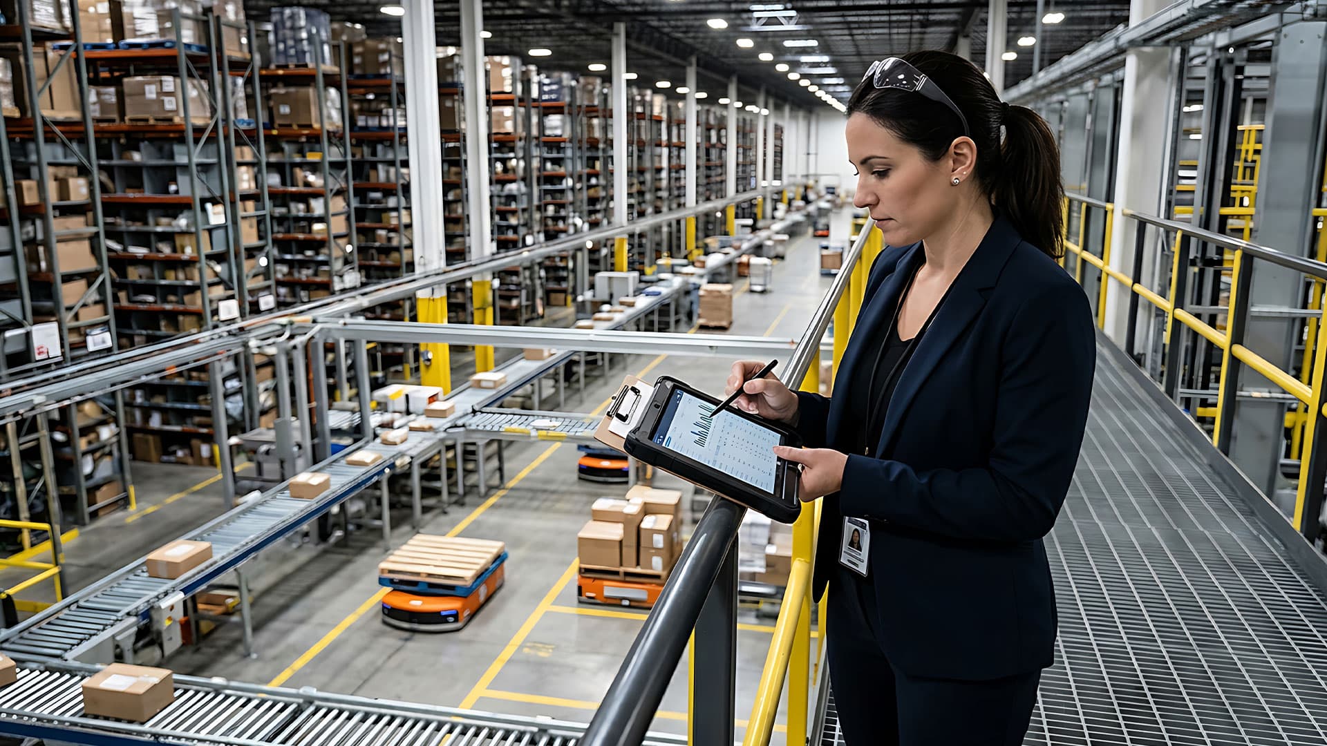 Warehouse manager on a mezzanine reviewing data on a tablet overlooking conveyor lines and AMRs below.