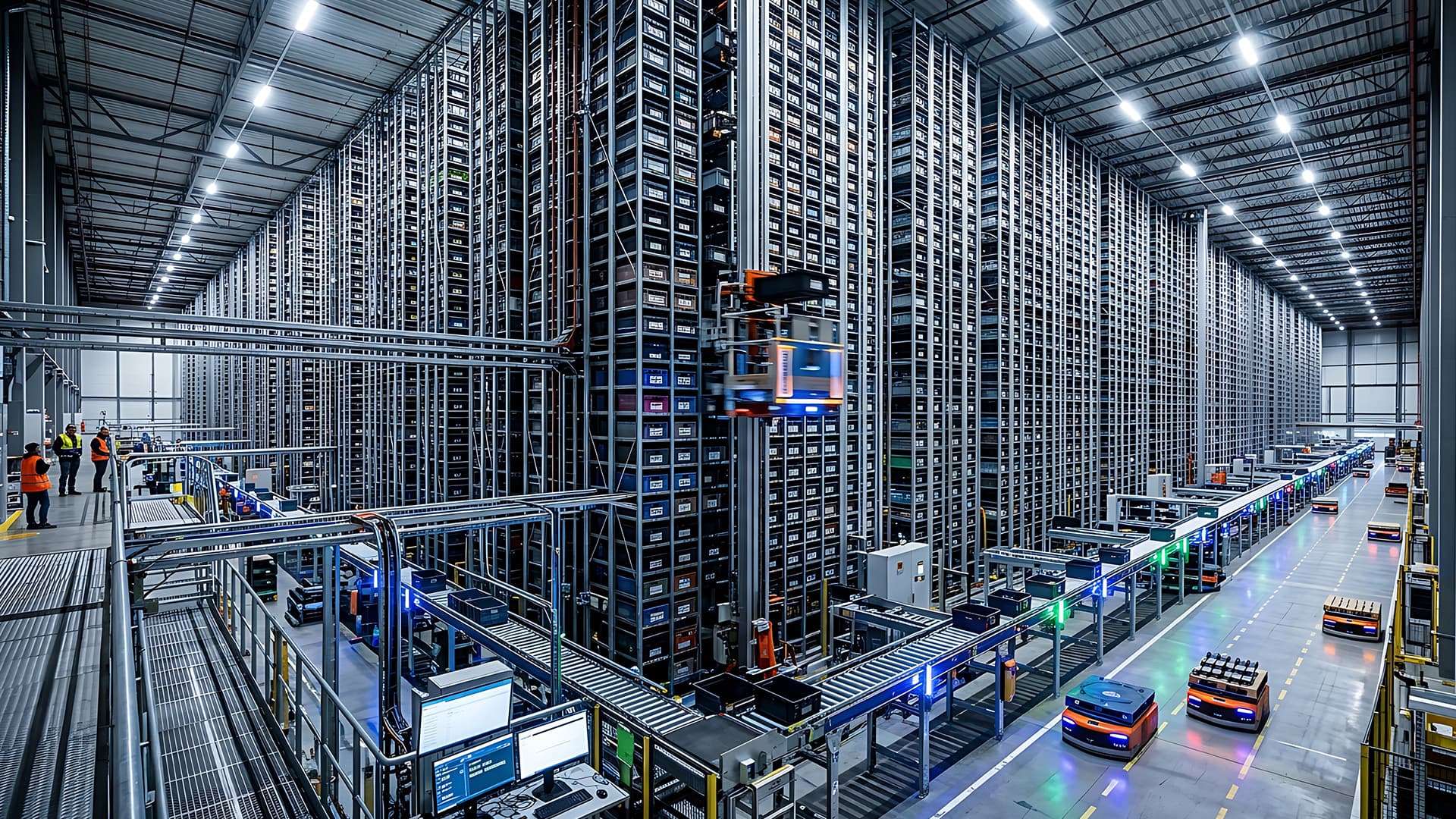 Automated storage and retrieval system with towering racks of totes, a crane moving between aisles, conveyors, and mobile robots on the warehouse floor.