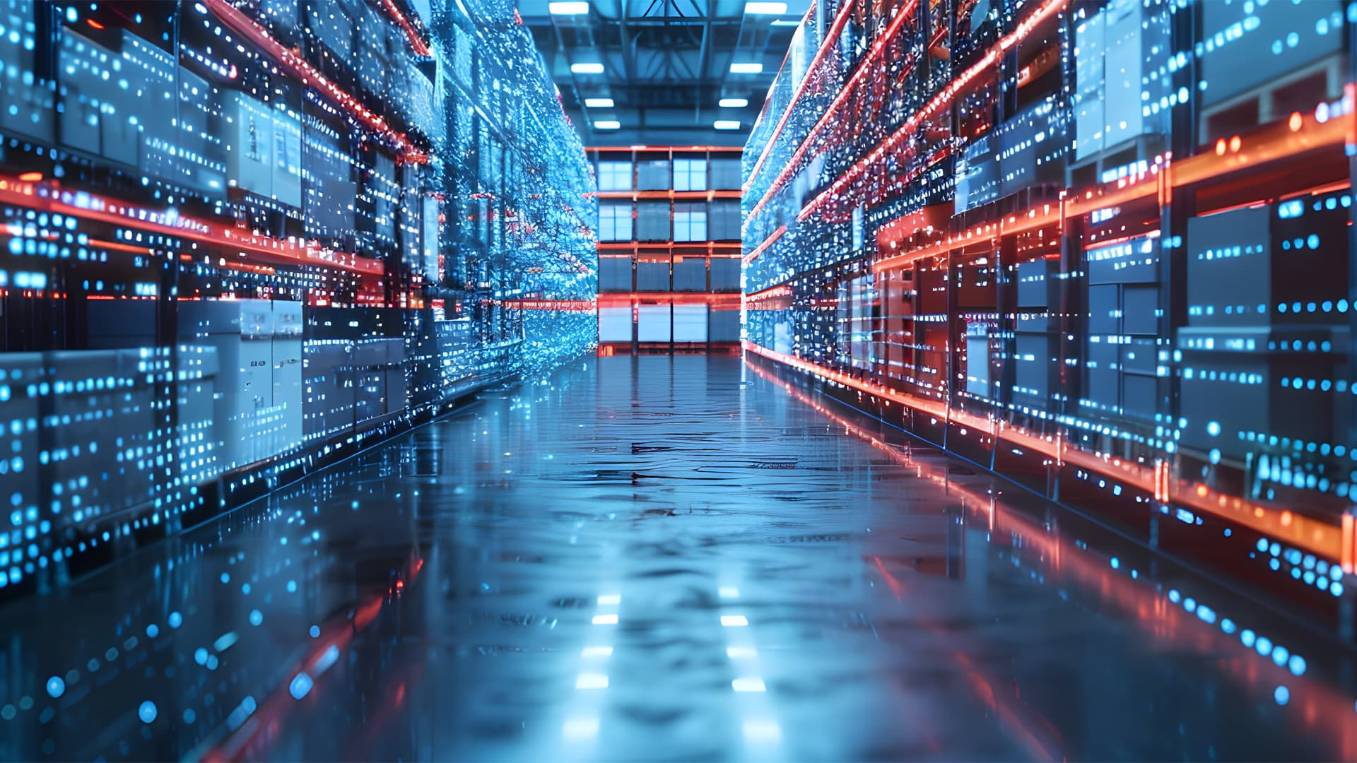 Digital illustration of a warehouse aisle by glowing blue data points and red light trails, representing connected systems.
