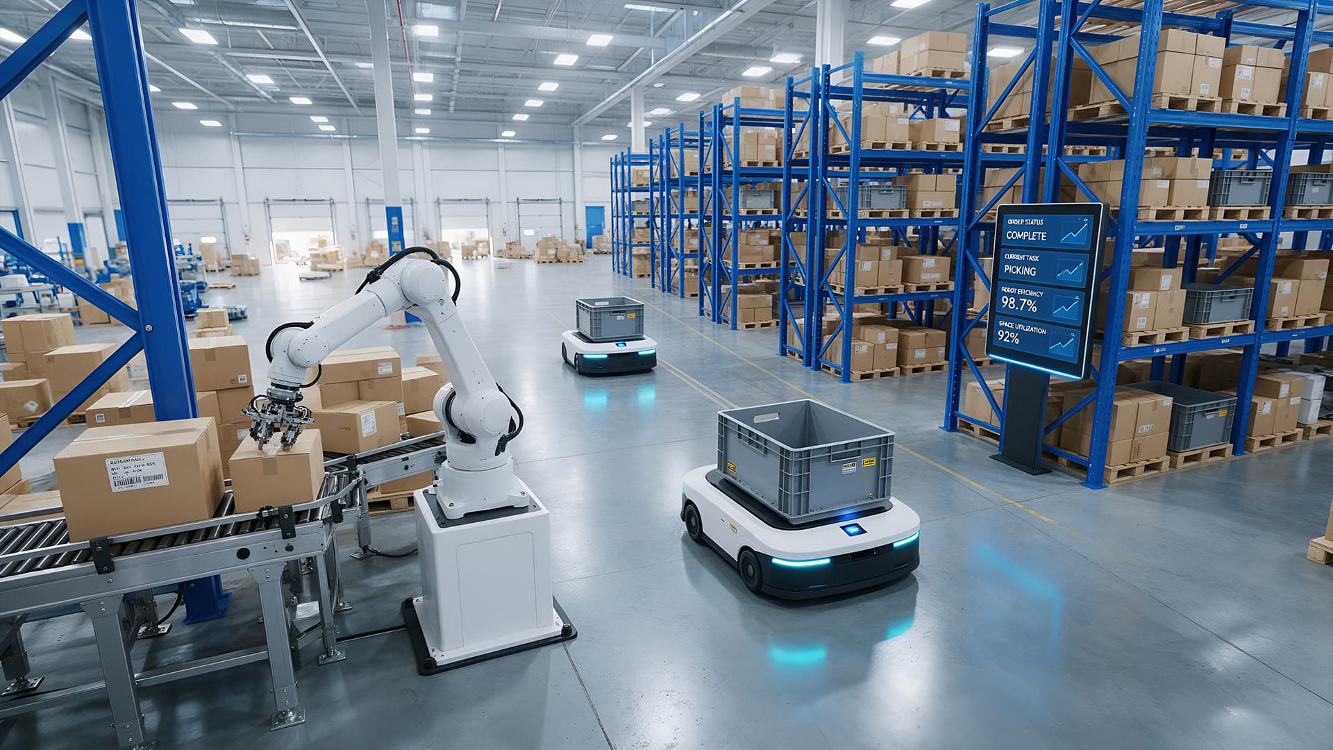 Warehouse robotics, with a robotic arm picking boxes from a conveyor while autonomous mobile robots (AMRs) carrying totes move through a warehouse with a performance dashboard nearby.