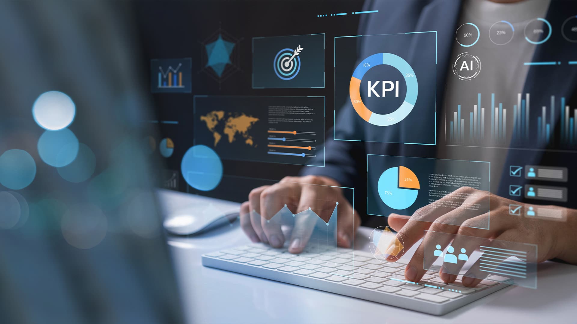 Business professional using KPI dashboard data analysis performance metrics growth success strategic business insights in a digital workspace for warehouse automation.