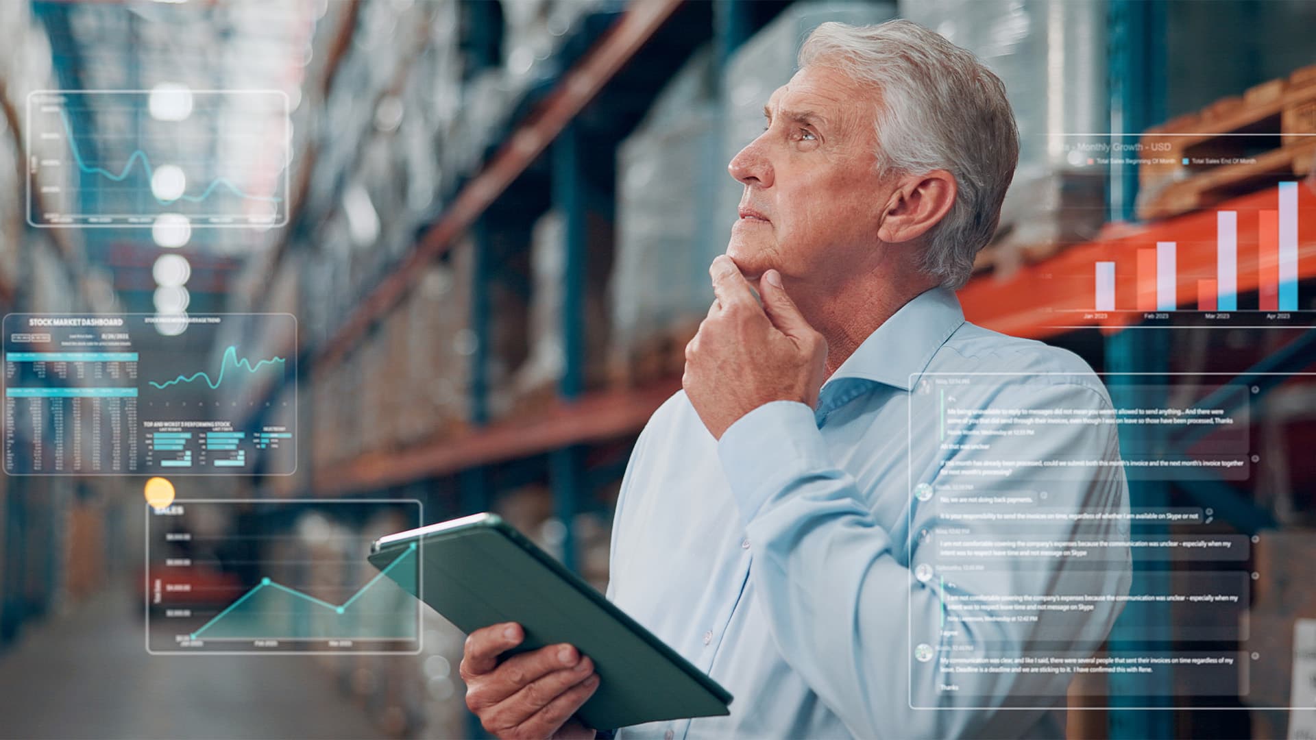 Warehouse manager considering AI in risk assessment while holding a tablet, with digital charts and chat messages overlaid in front of pallet racking.