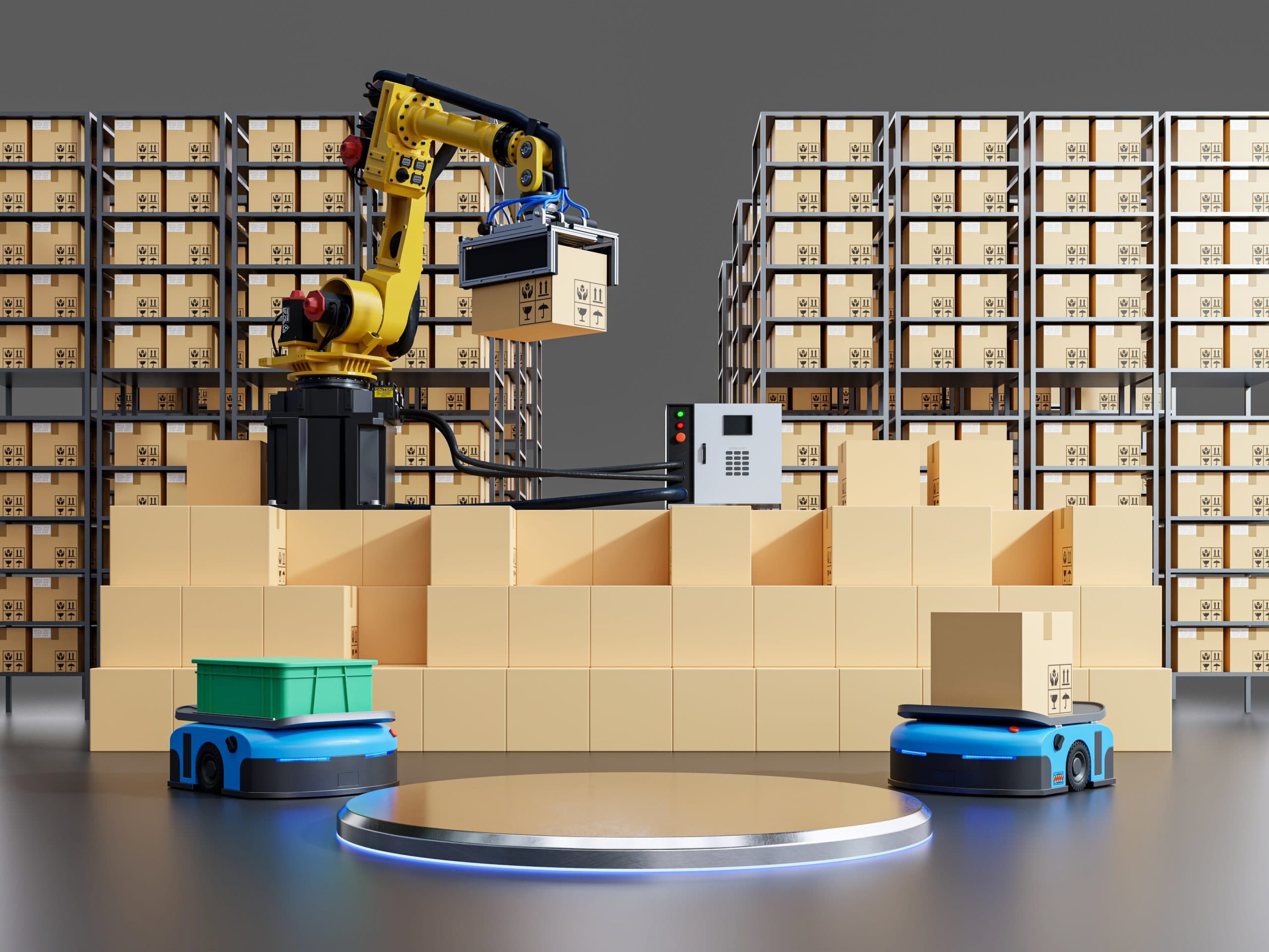 Warehouse automation machines stacking boxes