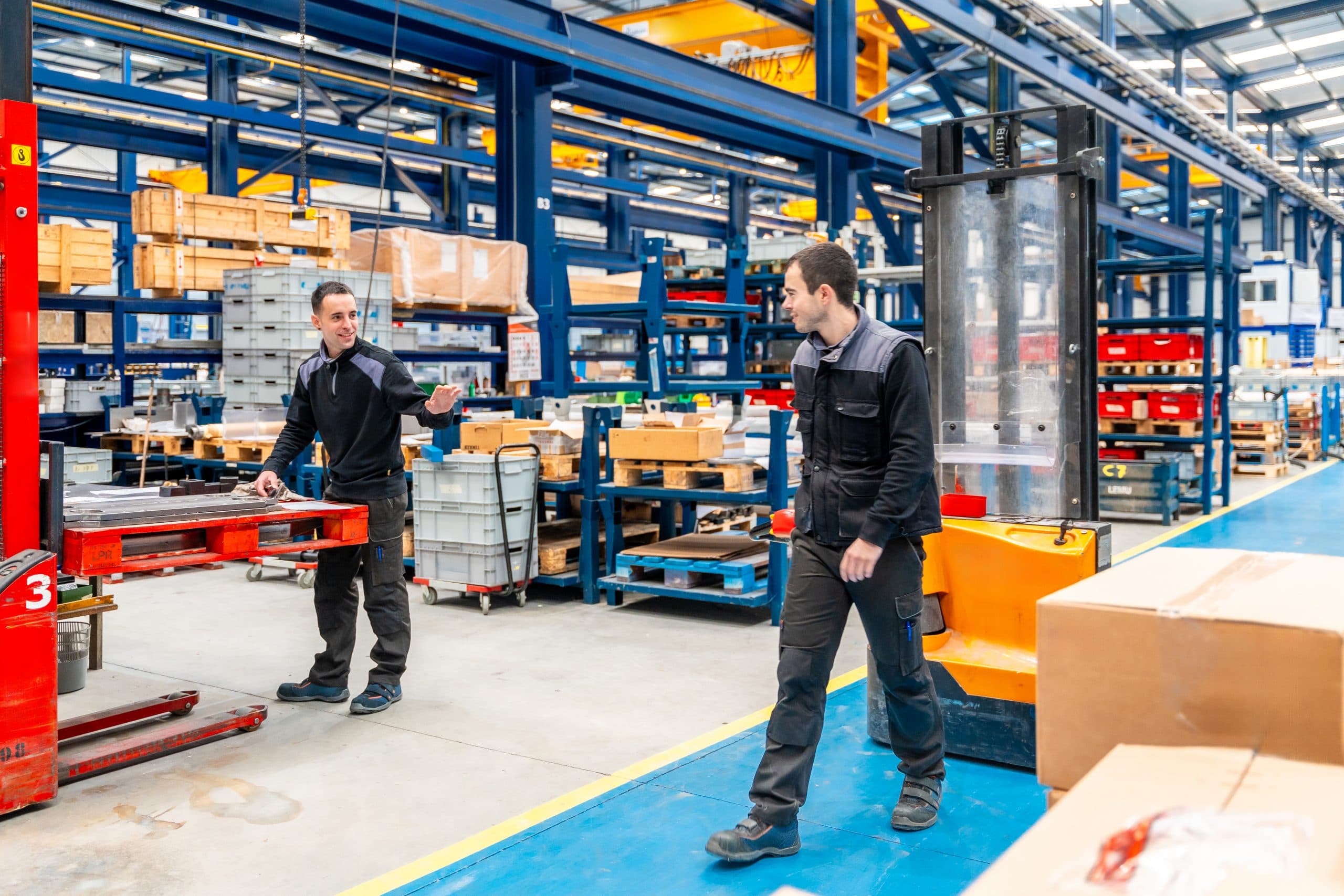 Team of warehouse using automated equipment and handling workers in a modern logistic factory