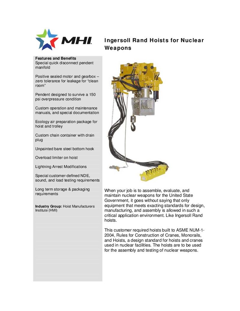 Ingersoll Rand Hoists for Nuclear Weapons