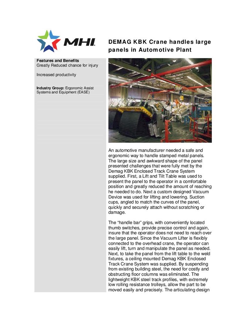 DEMAG KBK Crane handles large panels in Automotive Plant