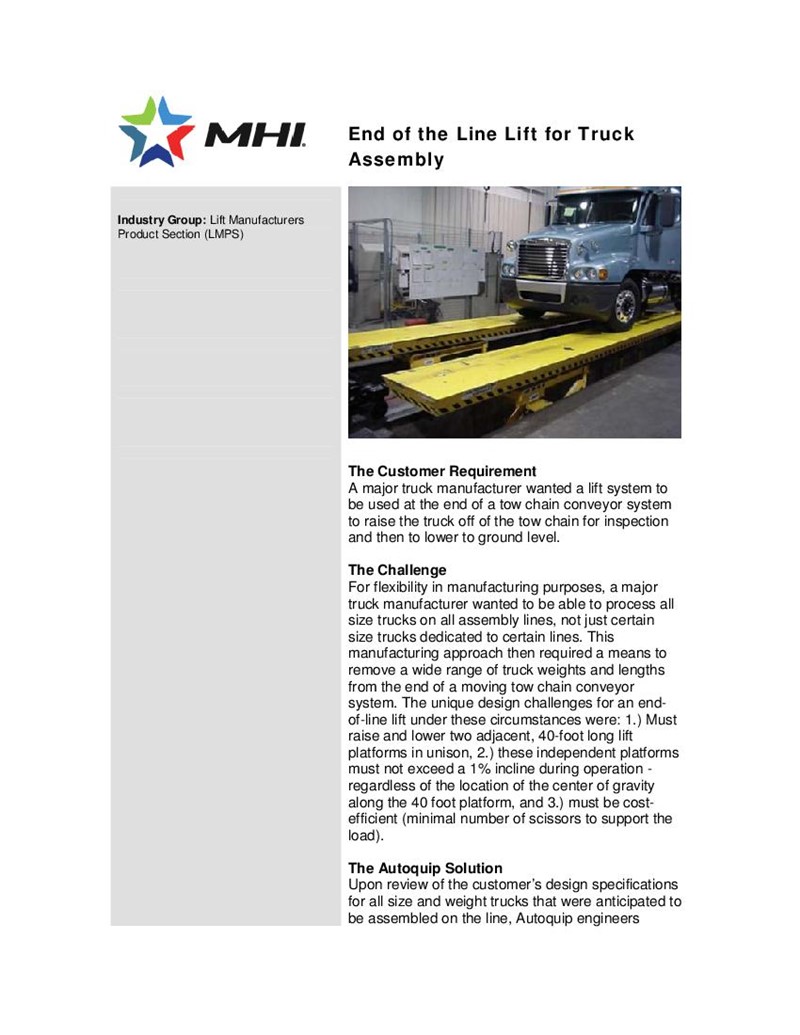 End of the Line Lift for Truck Assembly