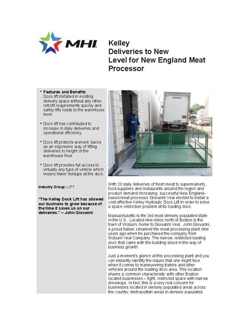 Kelley® Dock Lift Takes Deliveries to New Level for New England Meat Processor