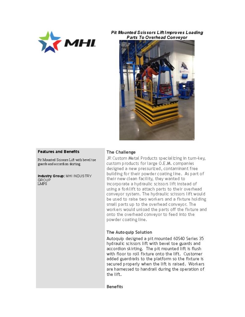 Pit Mounted Scissors Lift Improves Loading Parts To Overhead Conveyor