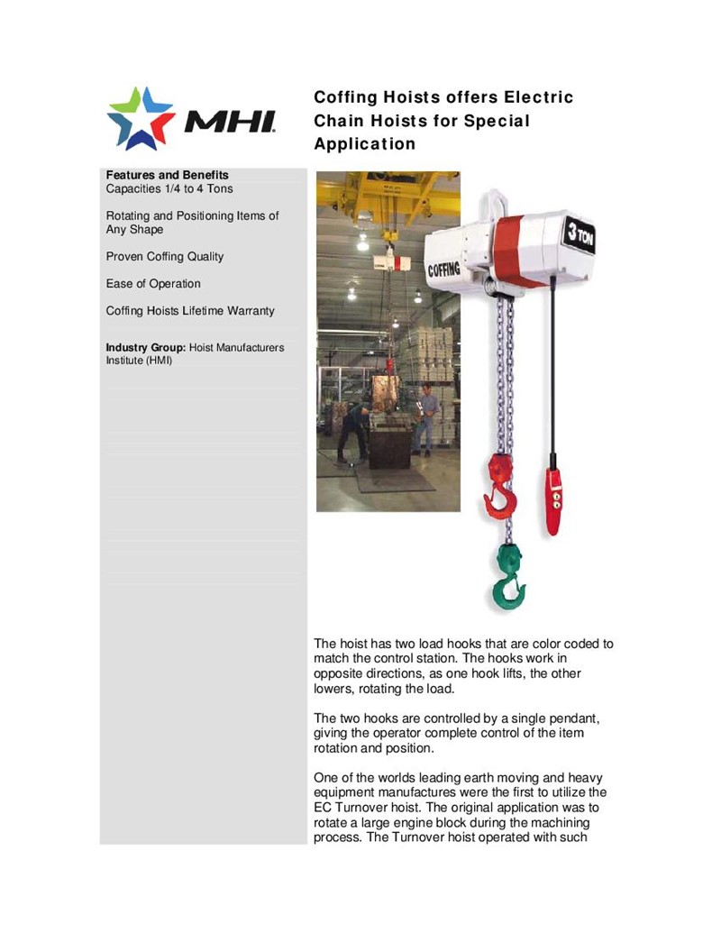 Coffing Hoists offers Electric Chain Hoists for Special Application