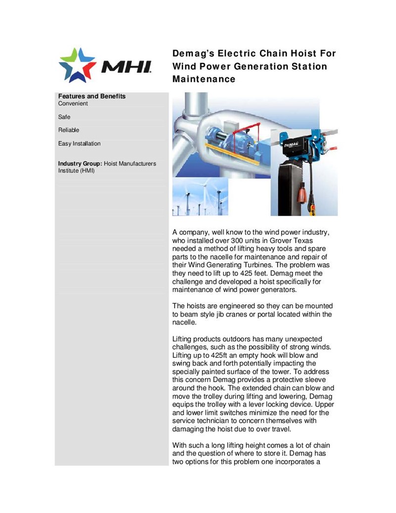 Demag’s Electric Chain Hoist For Wind Power Generation Station Maintenance