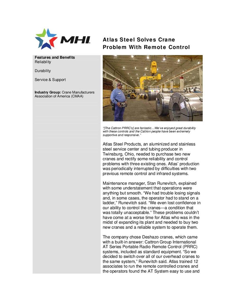 Atlas Steel Solves Crane Problem With Remote Control