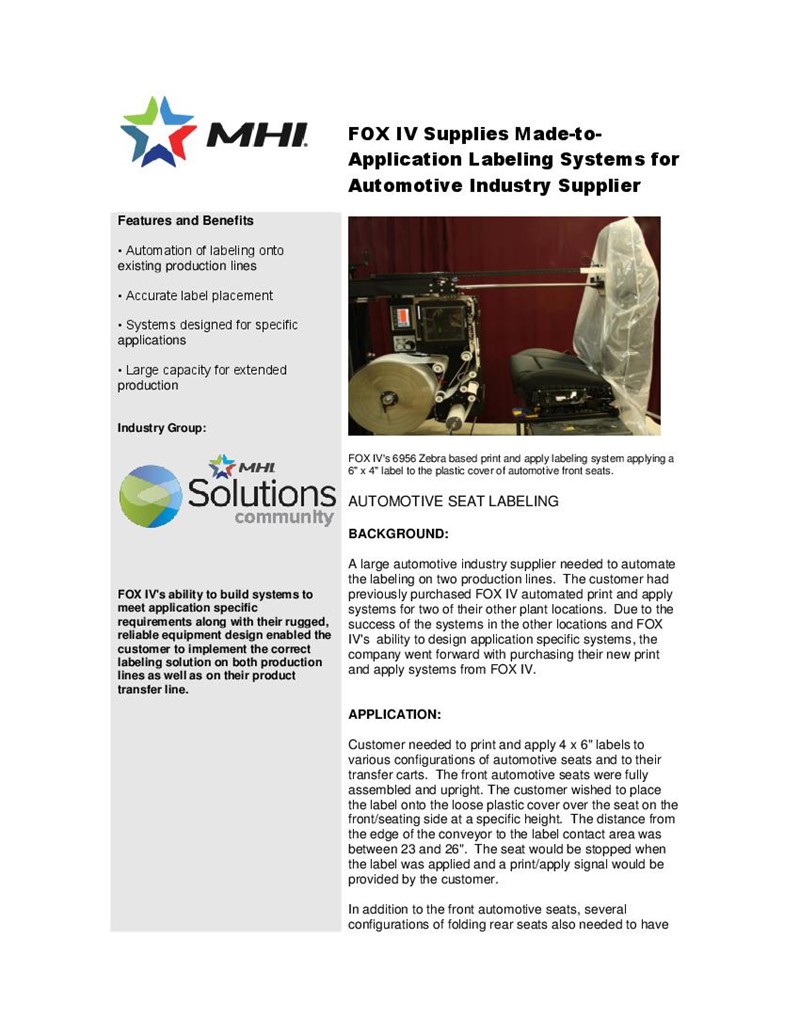 FOX IV Supplies Made-to-Application Labeling Systems for Automotive Industry Supplier