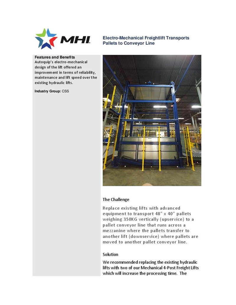 Electro-Mechanical Freightlift Transports Pallets to Conveyor Line