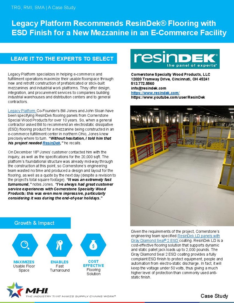 Legacy Platform Recommends ResinDek® Flooring with ESD Finish for a New Mezzanine in an E-Commerce Facility