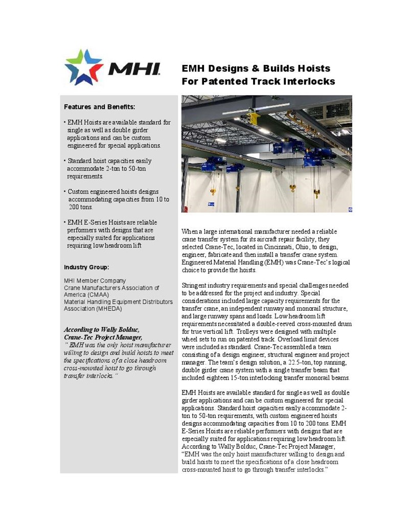 EMH Designs & Builds Hoists For Patented Track Interlocks