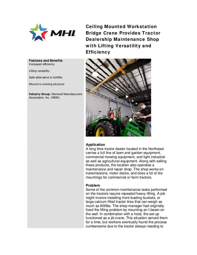 Ceiling Mounted Workstation Bridge Crane Provides Tractor Dealership Maintenance Shop with Lifting Versatility and Efficiency