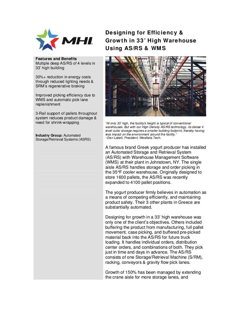 Designing for Efficiency & Growth in 33’ High Warehouse Using AS/RS & WMS